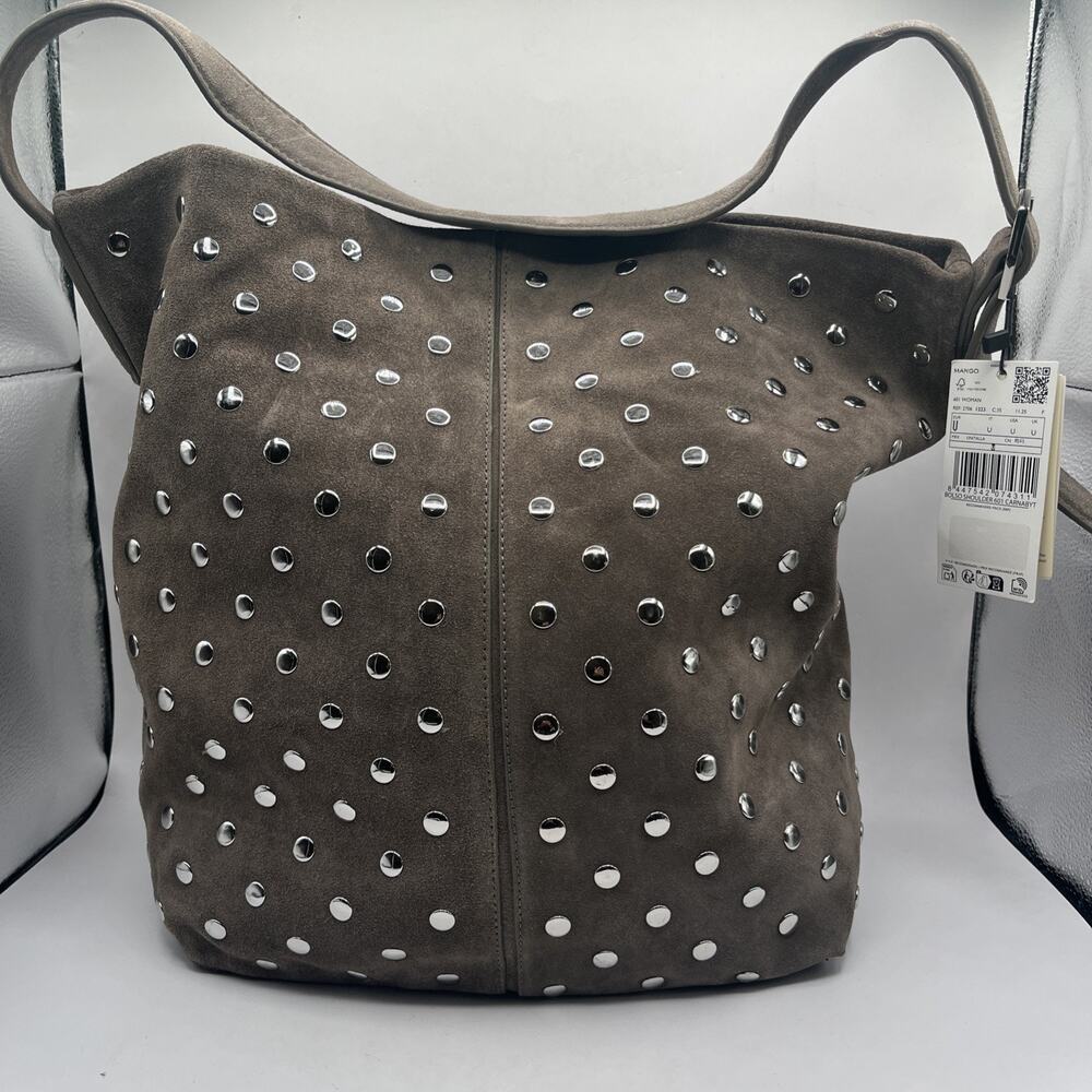 MANGO MNG suede leather women's large hobo shopper bucket bag Brownish Gray NWT
